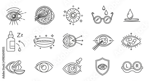 Ophthalmology line icon set, 15 eye care and vision correction vector elements, medical optometry symbols for contact lenses and eye health