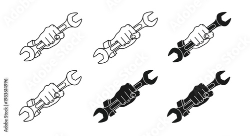 Industrial wrench held by hand vector set, mechanic fist gripping spanner tool icons, black and white repair service logo elements for construction