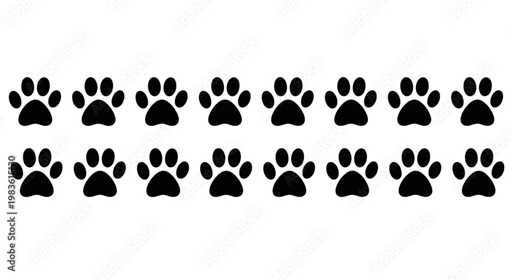 Fototapeta premium Black paw print border vector, animal footprint pattern set of 16 icons, minimalist dog and cat paw silhouettes for pet shop branding