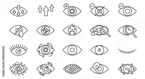Ophthalmology line icon set, 20 eye health and vision care vector elements, medical optometry symbols for eyesight diagnostics and treatment