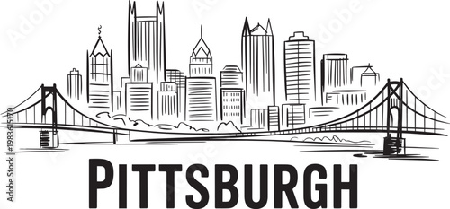 Pittsburgh skyline illustration with bridge and skyscrapers in a hand drawn style