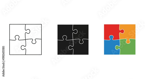 Jigsaw puzzle icon set with four interlocking pieces, colorful teamwork puzzle vector, black and white outline logic game elements for business
