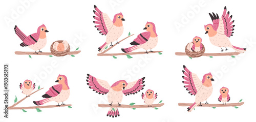 Set with cute pink bird, straw nest and eggs on branch. Simple illustration