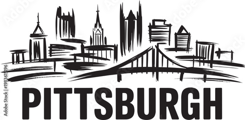Pittsburgh skyline illustration with bridge and textured brush strokes for buildings and iconic