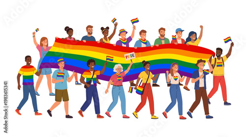 Diverse people holding rainbow flag.
