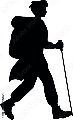 Black silhouette of a man hiking with a backpack and trekking pole in side profile, captured in a dynamic walking motion