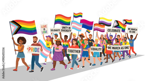 Diverse people holding rainbow flags.