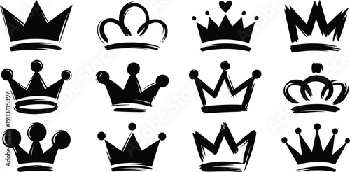 Hand drawn crown icon set. King, queen, royal, luxury, tiara, princess, majestic, doodle style - stock vector