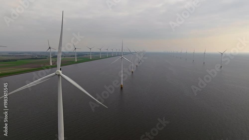 Aerial view of offshore windmill park with blue sky, windmill park in the sea, aerial view of wind turbine, Netherlands
