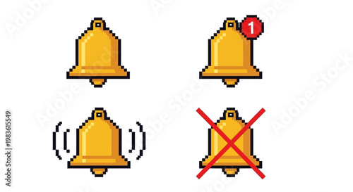 Pixel art notification bell icons set, 8-bit golden bell symbols for game UI, ringing alert and silent mode notification buttons, 4 vector elements