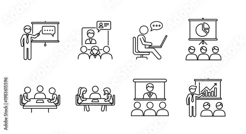 Business meeting line icons set, professional presentation and corporate training vector elements, office workshop and seminar symbols