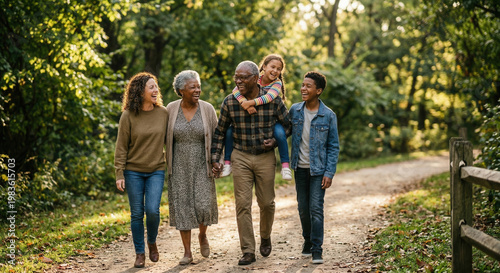 Family Stroll in the Park: A multigenerational family enjoys a leisurely walk along a sun-dappled path, embracing quality time and the simple joys of togetherness.