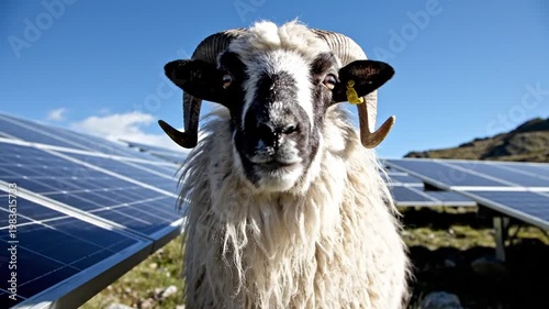 Ram standing among solar panels on a sunny hillside