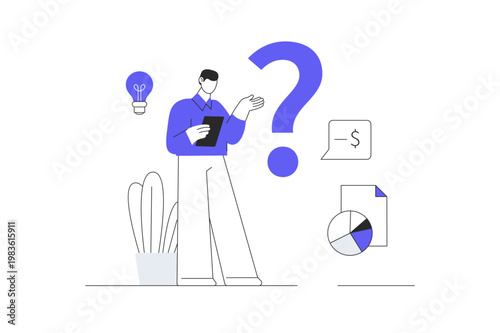 Finding ideas, solutions, brainstorming. Finding suitable solutions and strategies. Man looking for answers to a questions. Flat Cartoon Vector Illustration, icon Stylish abstract design landing page 
