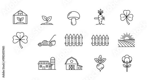 Minimalist garden and agriculture line icons set, 14 farming vector elements, modern outline greenhouse and barn symbols for organic food branding