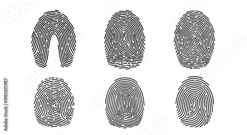 Biometric fingerprint scan icons set, digital security identity verification symbols, gray thumbprint patterns for forensic science and data protection