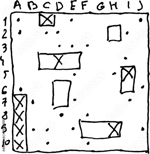 A hand-drawn sea battle game with a white background, themed around recess, a school game, sea battle