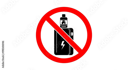 No vaping prohibited sign vector, electronic cigarette ban icon with red strikeout circle, vape device forbidden symbol for public health safety