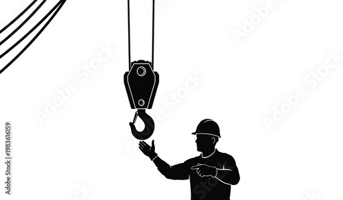 A stark black silhouette depicts a construction worker directing a large industrial crane with a suspended hook silhouette high quality professional detailed modern elegant