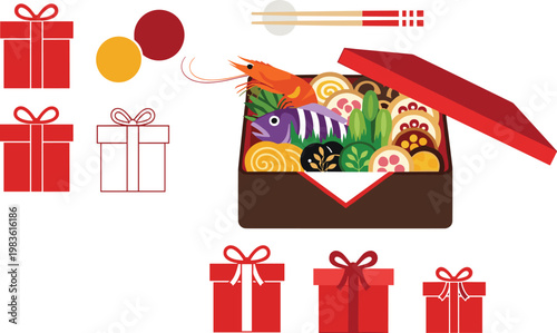 Japanese Gift Bento Box Collection with Traditional Food Assortment Chopsticks and Decorative Gift Boxes Festive Packaging Vector Illustration Set