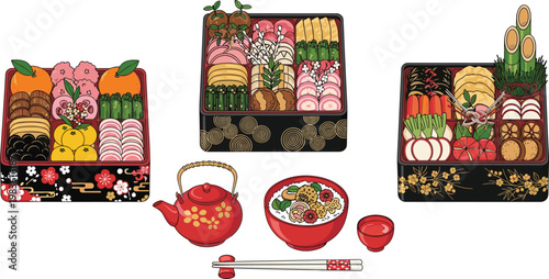 Traditional Japanese Osechi Cuisine Set with Decorative Bento Boxes New Year Celebration Food Assortment Chopsticks and Tea Pot Vector Illustration Collection