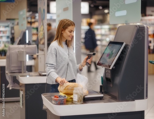 Young woman swiftly scanning vibrant fresh produce at a modern self-checkout