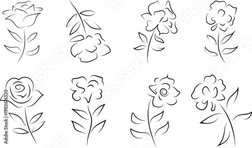 A vector set of flowers and leaves with playful illustration and coloring book design elements