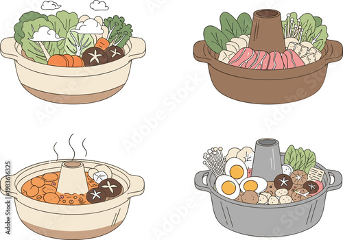 Japanese Hot Pot Cooking Set with Nabemono Sukiyaki Oden and Stew Pots Traditional Asian Cuisine Winter Food Vector Illustration Collection