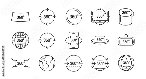 360 degree view icons set, virtual reality and panoramic rotation line symbols, 15 vector elements for VR technology and immersive experience