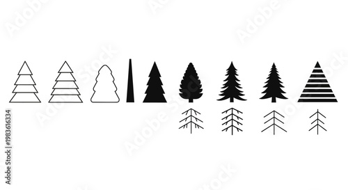 Minimalist pine tree icons set, black and white evergreen forest silhouettes, 9 geometric conifer vector elements for winter landscape design