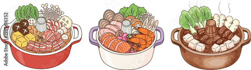 Japanese Hot Pot Nabemono Collection with Seafood Meat and Vegetable Ingredients Traditional Asian Winter Cuisine Cooking Pot Vector Illustration Set