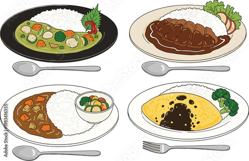 Japanese Curry and Rice Dish Collection with Vegetable Curry Chicken Cutlet Curry and Omelette Rice Traditional Asian Food Top View Vector Illustration Set