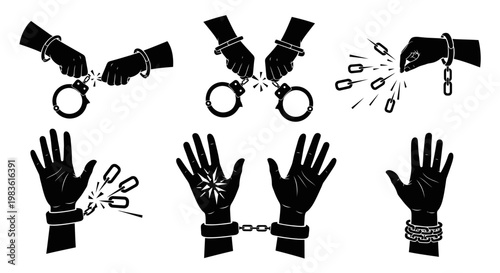 Black silhouette handcuff and hand illustrations.