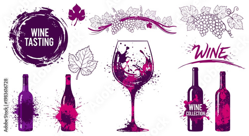 Wine tasting vector collection, red wine splash in glass and bottles, grape vine illustrations with purple ink stains for winery branding