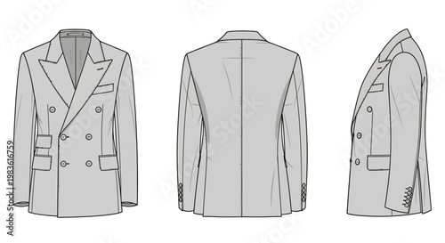 Double breasted blazer fashion flat sketch, men's formal suit jacket technical drawing, front back and side view vector template for apparel design