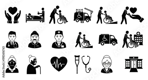 Elderly care and nursing home icons set, 18 black vector pictograms for senior healthcare, medical assistance and disability support services