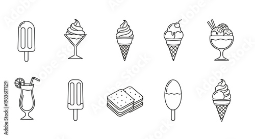 Minimalist ice cream line icons set, 10 frozen dessert vector elements, black and white summer treats collection for menu design and web apps
