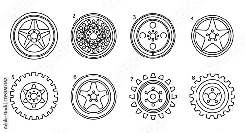 Automotive wheel rim icons set, 8 black line car tire and alloy wheel vector elements, minimalist vehicle wheel symbols for garage and racing