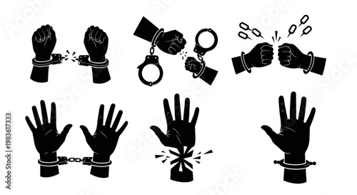 Hands in cuffs and handcuffs breaking free.