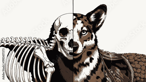 Split Anatomical Illustration of a Dog and Its Skeleton