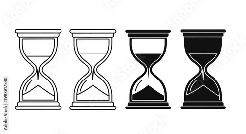 Minimalist hourglass icon set, black and white sand timer vector collection, 4 linear and solid time management symbols for business productivity