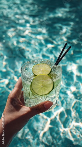 Refreshing cocktail in hand near swimming pool. Bright sunlight enhances vibrant colors. Perfect image for summer vibes and relaxation. Enjoy this vertical drink in tropical paradise.
