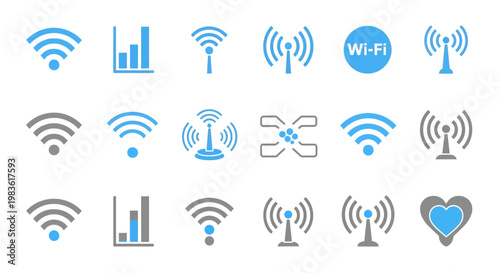 Wireless network icon set with 18 vector elements, blue and gray wifi signal symbols, radio antenna and internet connection signs for technology UI