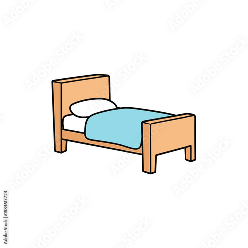Single Wooden Bed Vector Illustration with Blue Blanket and Pillow