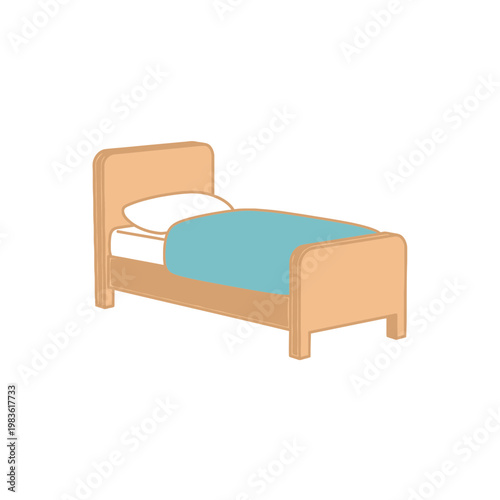 Single wooden bed illustration with pillow and teal blanket