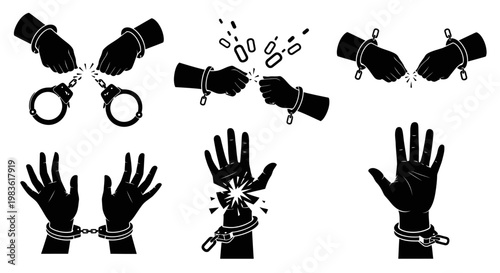 Black silhouette illustrations of bound hands.