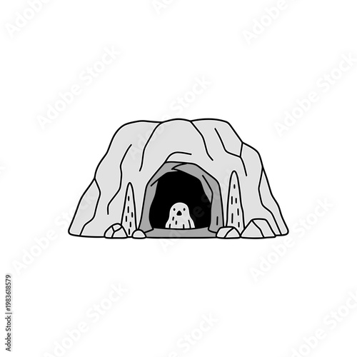 Minimalist Vector Illustration of a Cave with a Small Ghost Creature