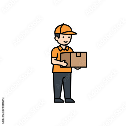 Delivery Man in Orange Uniform Holding Cardboard Box Vector Illustration