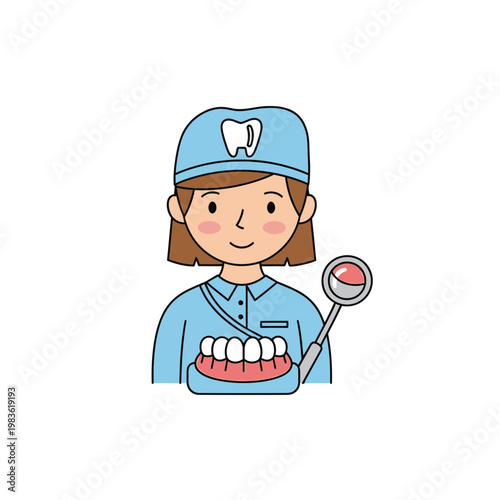 Cartoon Female Dentist Illustration with Dental Mirror and Teeth Model