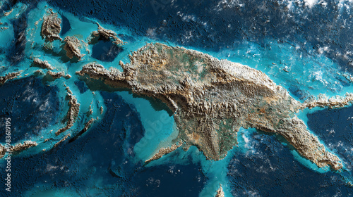 Aerial view of a tropical archipelago with turquoise waters and rugged islands